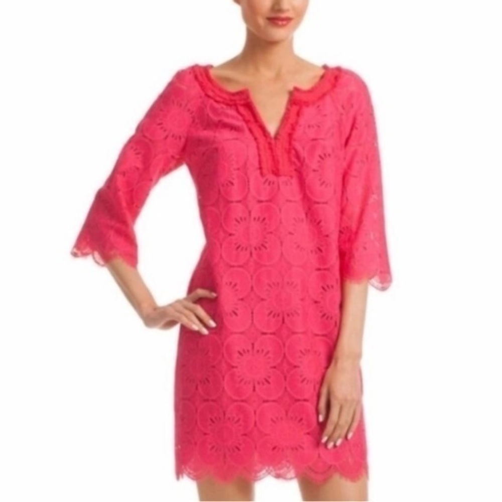 🇪🇸🐠Trina Turk lace dress pink scalloped hem lined floral size 0